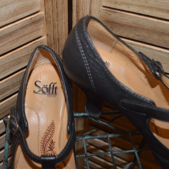 Sofft 6M Black Leather T-strap Pump Sculpted Heels - Picture 4 of 10